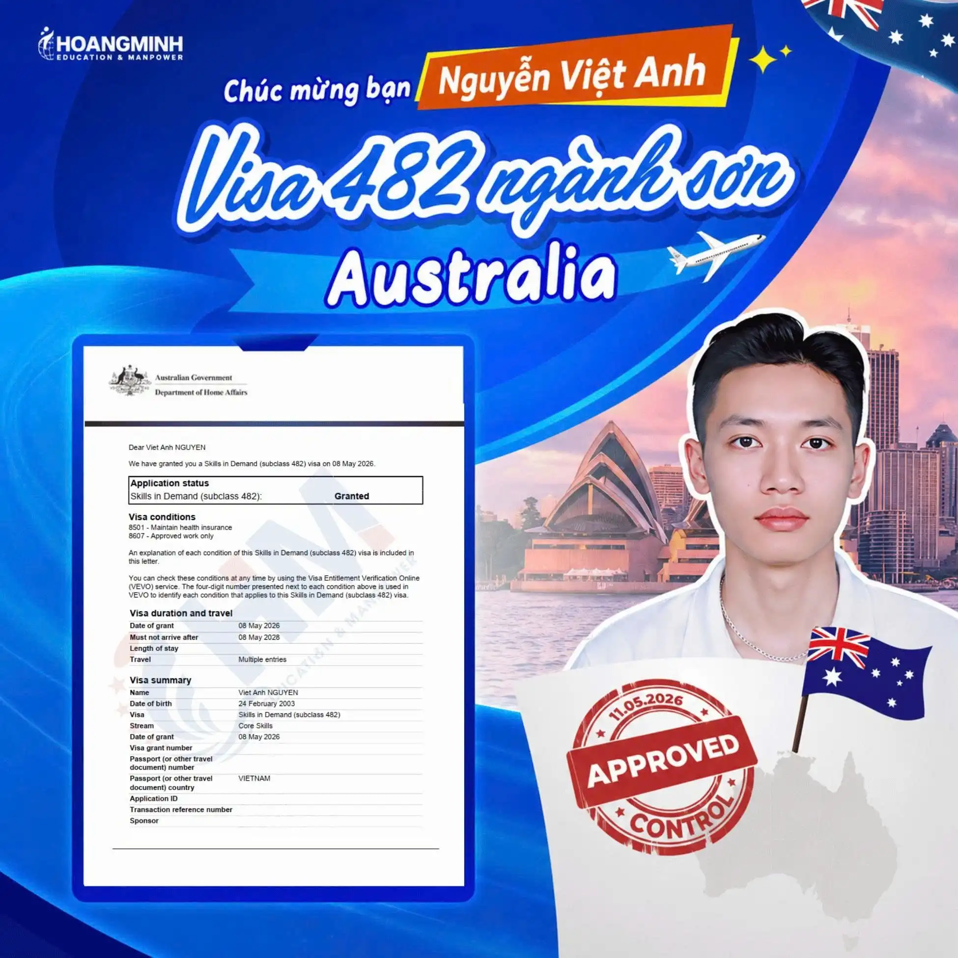 Chúc mừng Nguyễn Việt Anh đỗ Visa 482 ngành Sơn tại Úc