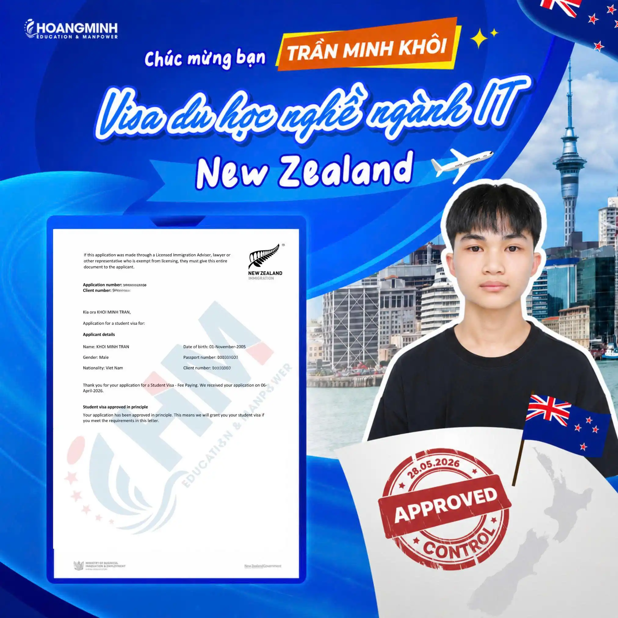 Trần Minh Khôi được duyệt visa du học nghề ngành IT tại New Zealand