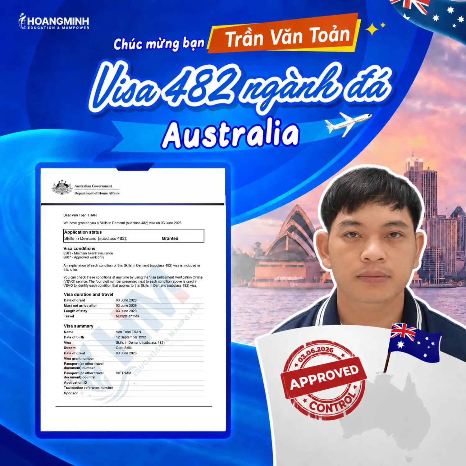 Trần Văn Toản đậu Visa 482 ngành đá tại Australia – Cơ hội làm việc tại Perth với mức lương 76,515 AUD/năm
