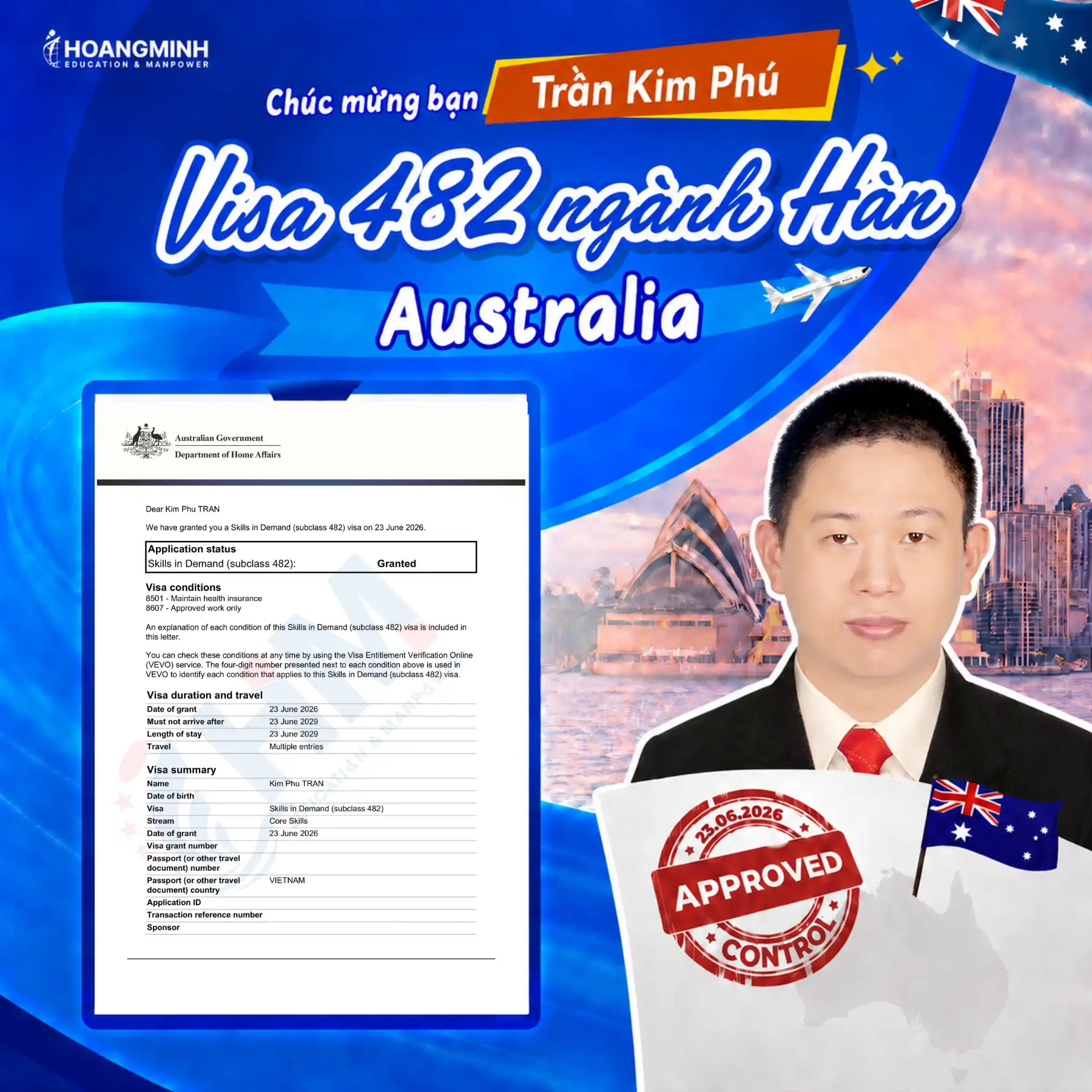 Chúc Mừng Anh Trần Kim Phú Đậu Visa 482 Úc Ngành Hàn Tại Victoria
