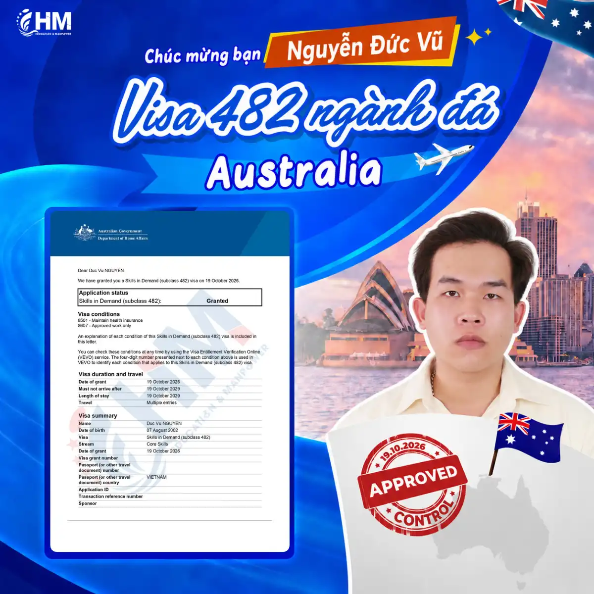 Chúc mừng Nguyễn Đức Vũ được cấp Visa 482 Úc ngành Đá, mức lương 76.530 AUD/năm
