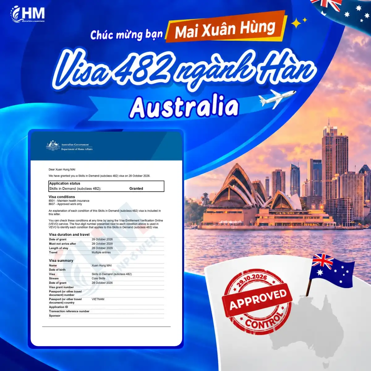Mai Xuân Hùng được cấp Visa 482 Úc ngành Hàn – Cơ hội làm việc tại Victoria với mức lương 76.720 AUD/năm